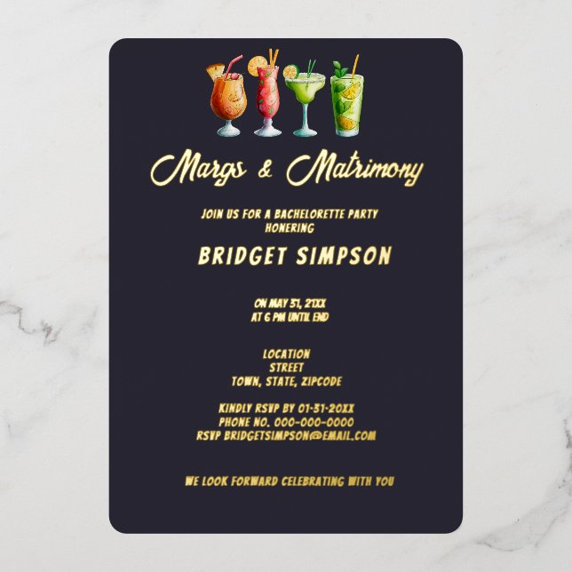 classic margs and matrimony Bachelorette Party Foil Invitation (Front)