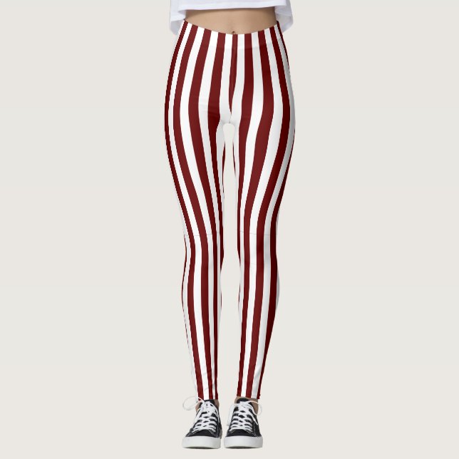 Classic Maroon and White Vertical Stripes Leggings (Front)