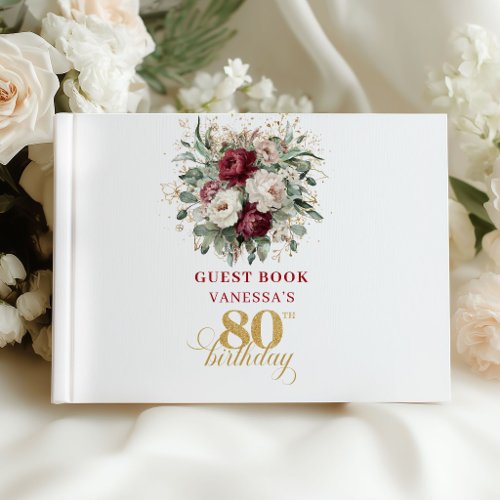 Classic Maroon Floral 80th Birthday Guest Book