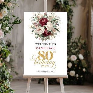 Classic Maroon Floral 80th Birthday Welcome Poster
