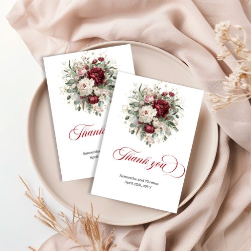 Classic Maroon Floral Eucalyptus Gold Thank You  Card