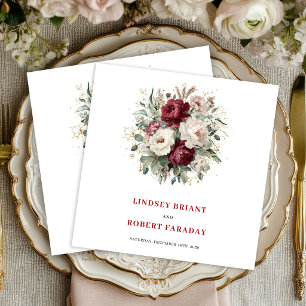 Classic Maroon Floral Eucalyptus Gold Wedding   Paper Dinner Napkins
