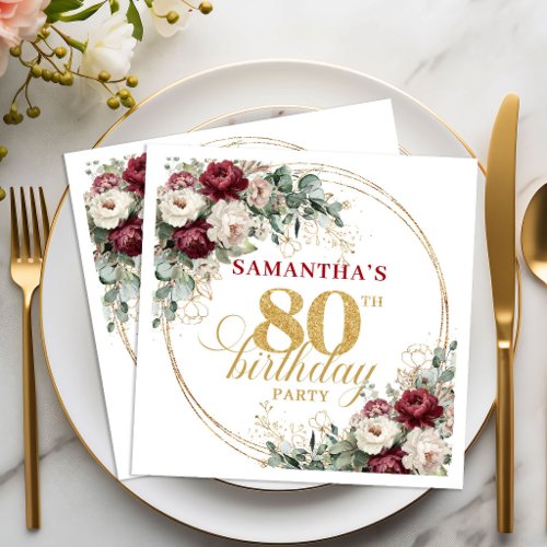 Classic Maroon Floral Gold 80th Birthday Napkins