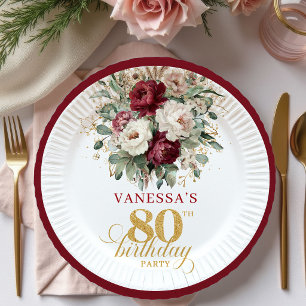 Classic Maroon Floral Gold 80th Birthday Paper  Plates