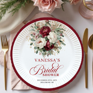 Classic Maroon Floral Gold Bridal Shower Paper  Plates