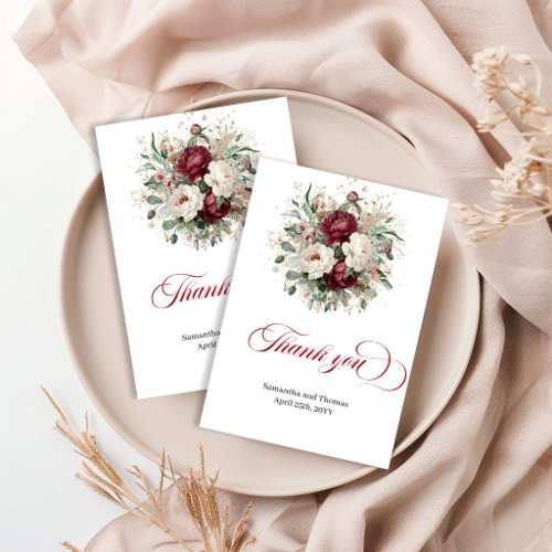 Classic Maroon Floral Greenery Gold Thank You Card
