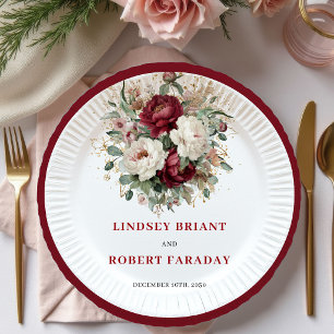 Classic Maroon Flowers Eucalyptus Gold Wedding  Paper Plates