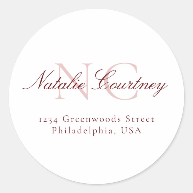 Classic Maroon Minimalist Two Monogram Round Sticker (Front)