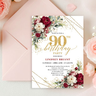 Classic Marsala Floral Gold 90th Birthday Invites