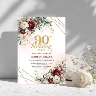 Classic Marsala Floral Greenery 90th Birthday Invitation