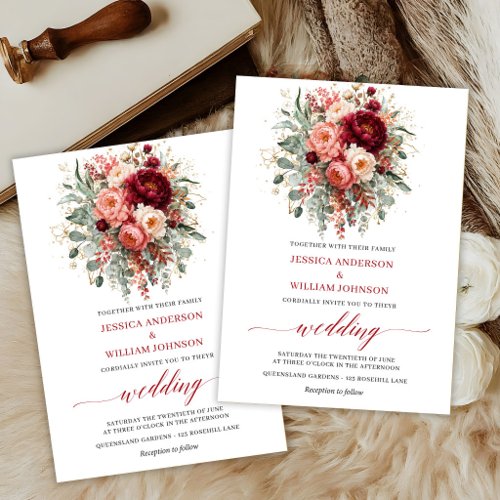 Classic Marsala Flowers Greenery Fall Wedding Invi Invitation