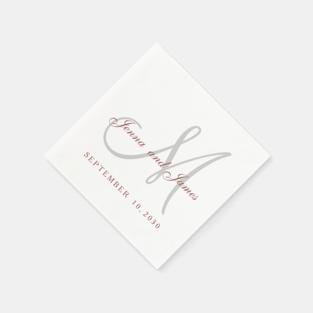 Classic Marsala White Gray Monogram Paper Napkins (Corner)