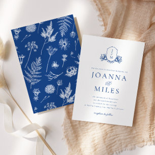 Classic Marseille Bleu Botanical Crest Monogram Invitation