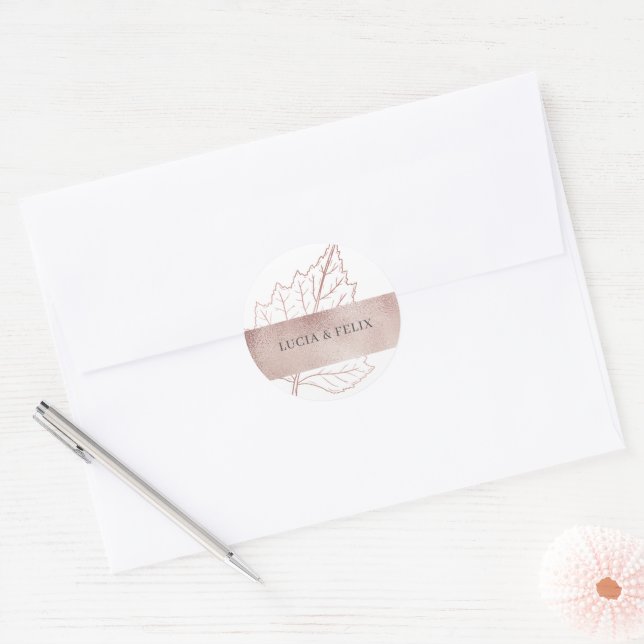 Classic Matt Rose Gold Leaves Wedding  Round Sticker (Envelope)