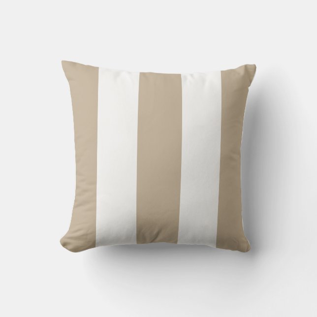 Classic med tan beige sand white vertical strips outdoor pillow (Front)