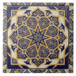 Classic Mediterranean Cobalt Blue & Gold Talavera Ceramic Tile
