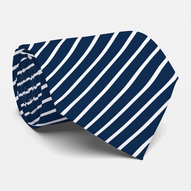 Classic Men's Dark Blue and White Striped Neck Tie (Rolled)