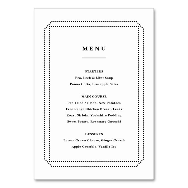 Classic Menu, wedding reception Table Number (Front)