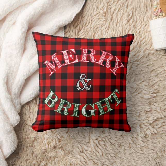 Classic Merry & Bright On Buffalo Lumberjack Plaid Throw Pillow (Blanket)