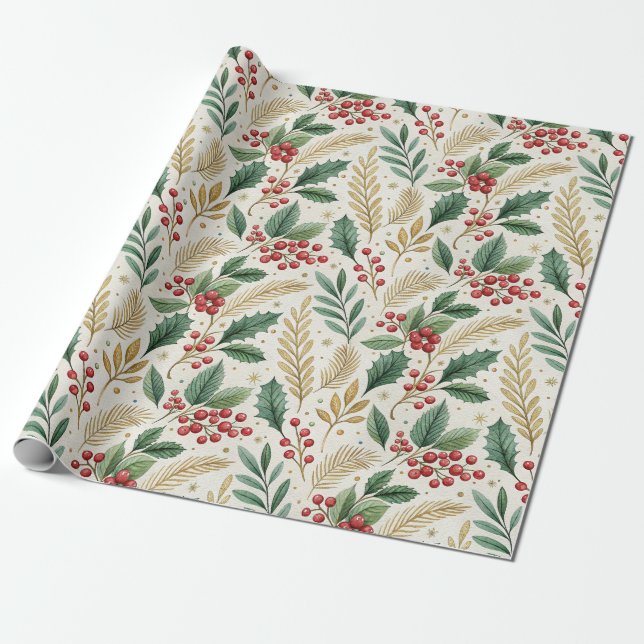 Classic Merry & Bright Red Green and Gold Holly Wrapping Paper (Unrolled)