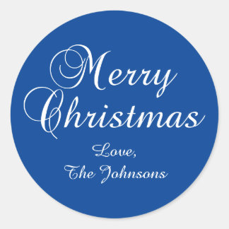 Classic Merry Christmas Calligraphy Blue Round Sticker