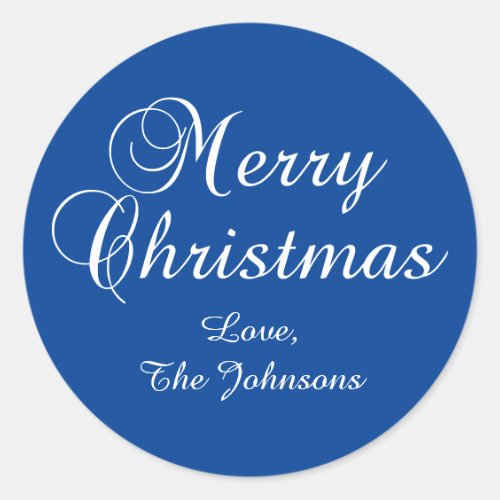 Classic Merry Christmas Calligraphy Blue Round Sticker