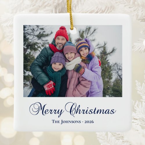 Classic Merry Christmas Calligraphy Family Photo Ceramic Ornament