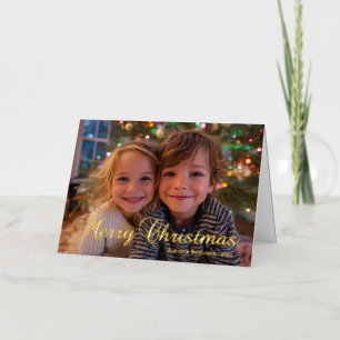Classic Merry Christmas Calligraphy Family Photo Foil Greeting Card
