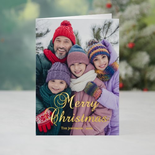 Classic Merry Christmas Calligraphy Family Photo Foil Holiday Card