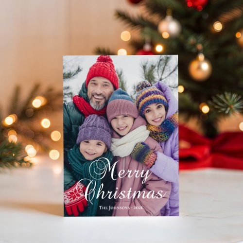 Classic Merry Christmas Calligraphy Family Photo Holiday Card