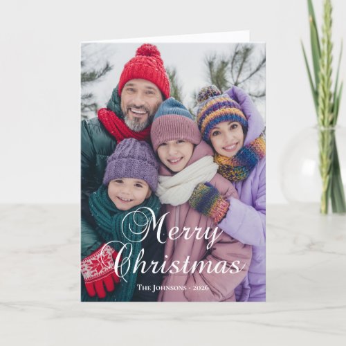 Classic Merry Christmas Calligraphy Family Photo Holiday Card