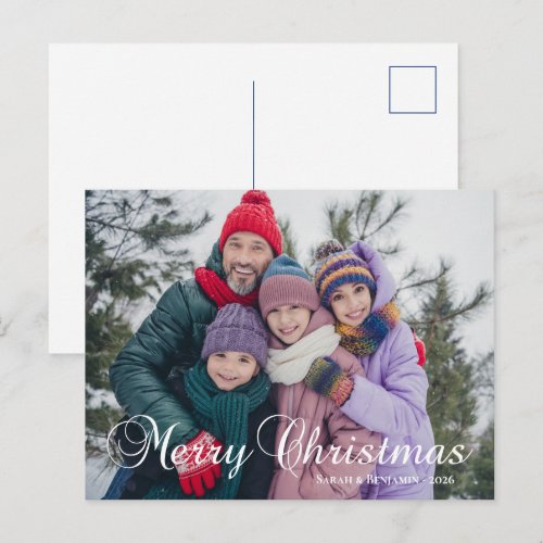 Classic Merry Christmas Calligraphy Family Photo Holiday Postcard