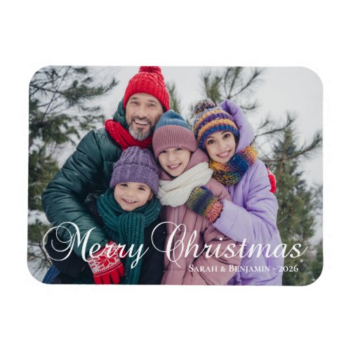 Classic Merry Christmas Calligraphy Family Photo Magnet