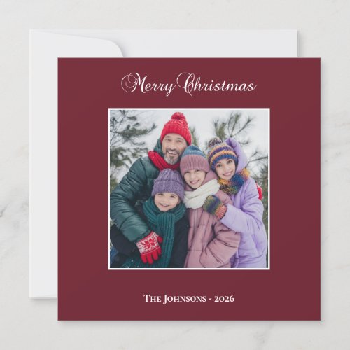 Classic Merry Christmas Calligraphy Photo Plum Holiday Card