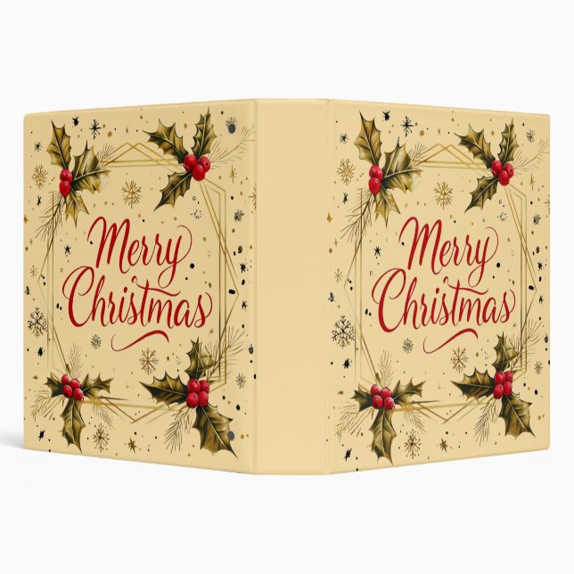 Classic Merry Christmas Card with Holly Design 3 Ring Binder (Background)