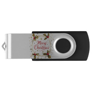 Classic Merry Christmas Card with Holly Design Flash Drive