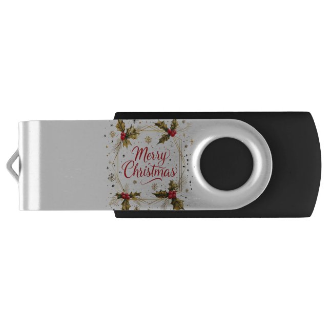Classic Merry Christmas Card with Holly Design Flash Drive (Back)