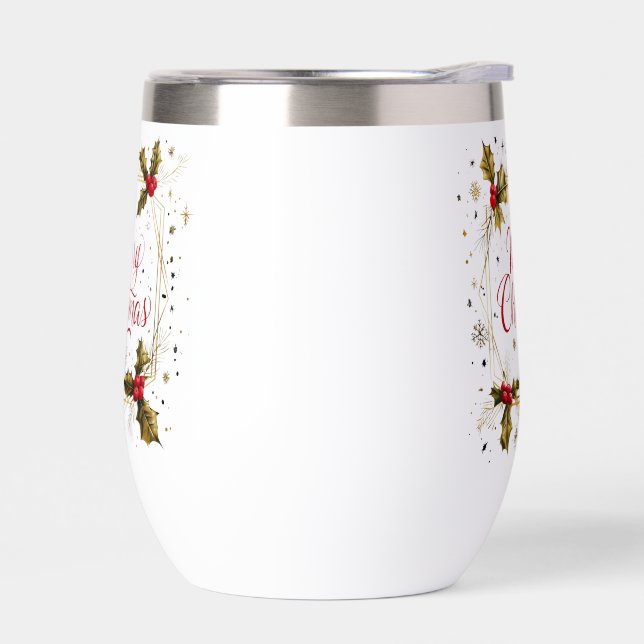 Classic Merry Christmas Card with Holly Design Thermal Wine Tumbler (Left)