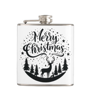 Classic Merry Christmas Deer and Tree Design Art Flask