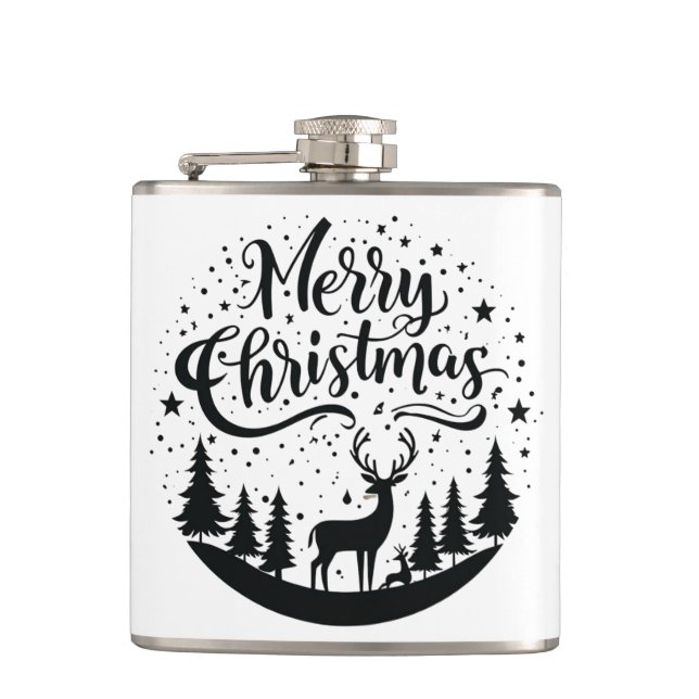 Classic Merry Christmas Deer and Tree Design Art Flask (Front)