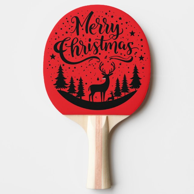 Classic Merry Christmas Deer and Tree Design Art Ping Pong Paddle (Front)