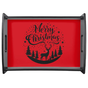 Classic Merry Christmas Deer and Tree Design Art Serving Tray