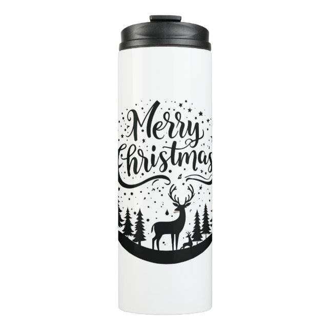 Classic Merry Christmas Deer and Tree Design Art Thermal Tumbler (Front)