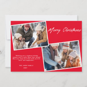 Classic Merry Christmas Family Two Photo Chic Red Holiday Card