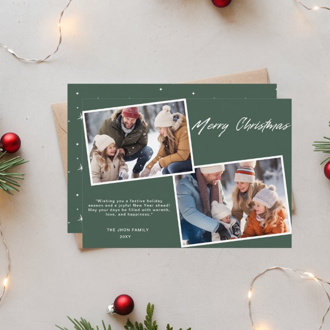 Classic Merry Christmas Family Two Photo Green Holiday Card (Creator Uploaded)