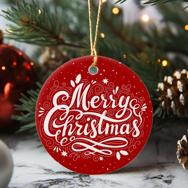 Classic Merry Christmas Festive Red and White Ceramic Ornament (Classic Merry Christmas Festive Red and White Ceramic Ornament)
