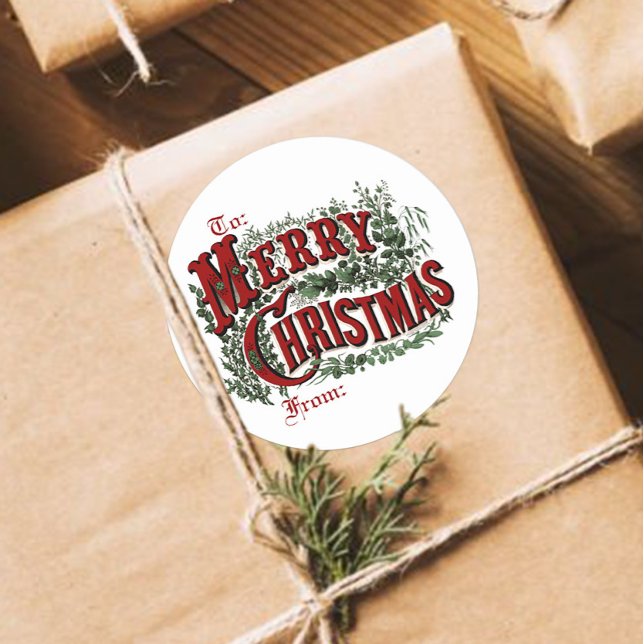 Classic Merry Christmas Gift Tag Stickers (Old fashioned Merry Christmas to/from gift label sticker.)