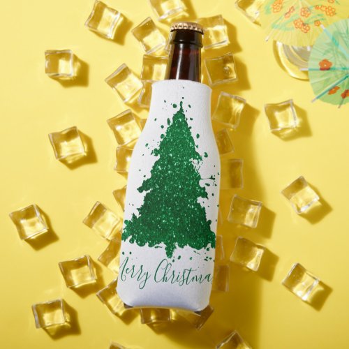 Classic Merry Christmas  Gorgeous Bold Green Tree Bottle Cooler