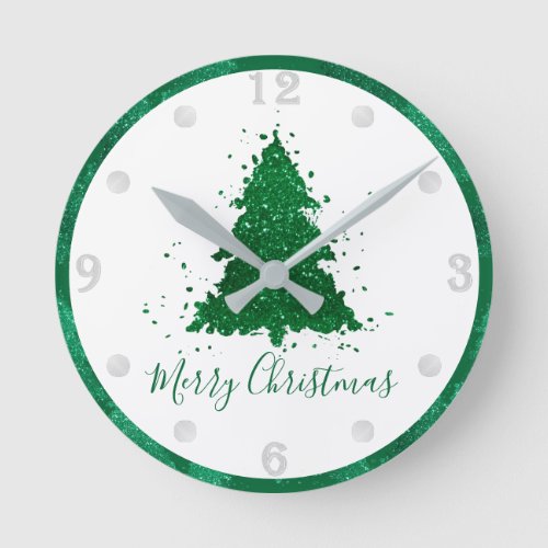 Classic Merry Christmas  Gorgeous Bold Green Tree Round Clock