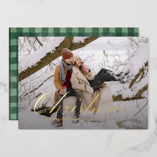 Classic Merry Christmas Green Gingham Custom Photo Foil Holiday Card
